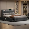 ProximaX Lit 160x200 cm en lin gris avec 4 tiroirs, tête de lit LED avec prises USB intégrées, Grand rangement et design élégant