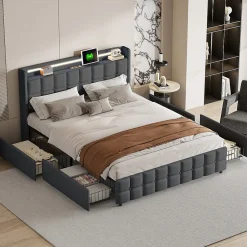 ProximaX Lit 160x200 cm en lin gris avec 4 tiroirs, tête de lit LED avec prises USB intégrées, Grand rangement et design élégant