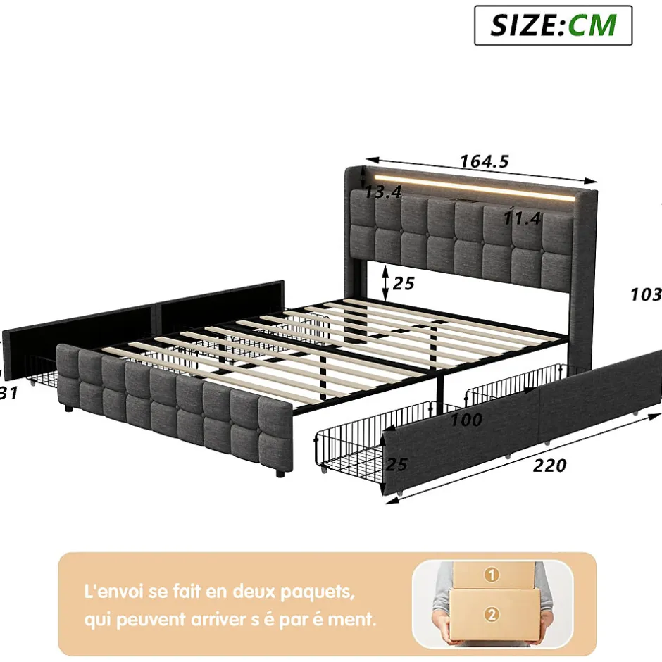 ProximaX Lit 160x200 cm en lin gris avec 4 tiroirs, tête de lit LED avec prises USB intégrées, Grand rangement et design élégant