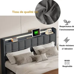ProximaX Lit 160x200 cm en lin gris avec 4 tiroirs, tête de lit LED avec prises USB intégrées, Grand rangement et design élégant
