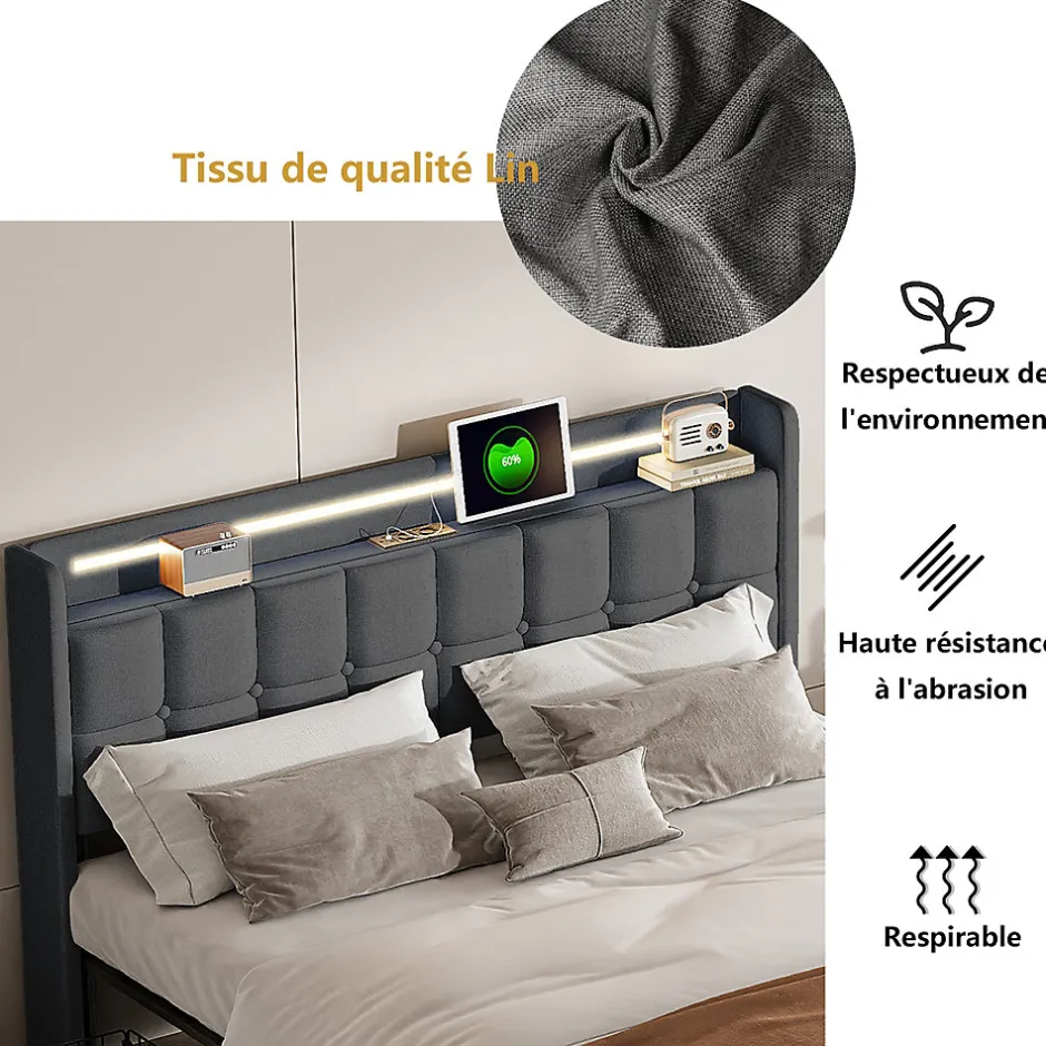 ProximaX Lit 160x200 cm en lin gris avec 4 tiroirs, tête de lit LED avec prises USB intégrées, Grand rangement et design élégant