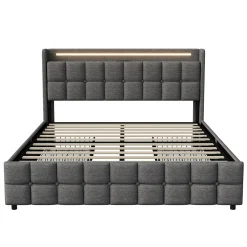 ProximaX Lit 160x200 cm en lin gris avec 4 tiroirs, tête de lit LED avec prises USB intégrées, Grand rangement et design élégant