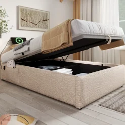 Redom Lit 90x190 cm en lin naturel avec rangement hydraulique, étagère tête de lit et ports USB-C Best