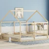 Enfant Redom Lit 90x200 cm 2-en-1 modèle maison en pin et MDF couleur naturelle avec barrières de sécurité et toit décoratif