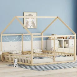 Enfant Redom Lit 90x200 cm 2-en-1 modèle maison en pin et MDF couleur naturelle avec barrières de sécurité et toit décoratif