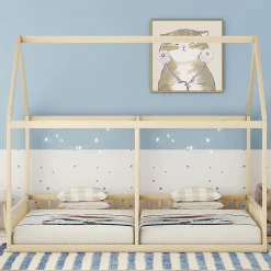 Enfant Redom Lit 90x200 cm 2-en-1 modèle maison en pin et MDF couleur naturelle avec barrières de sécurité et toit décoratif