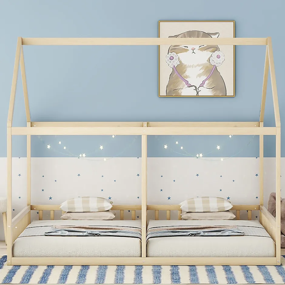 Enfant Redom Lit 90x200 cm 2-en-1 modèle maison en pin et MDF couleur naturelle avec barrières de sécurité et toit décoratif