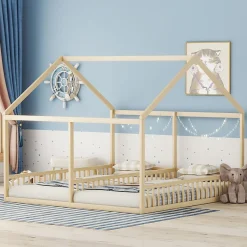 Enfant Redom Lit 90x200 cm 2-en-1 modèle maison en pin et MDF couleur naturelle avec barrières de sécurité et toit décoratif