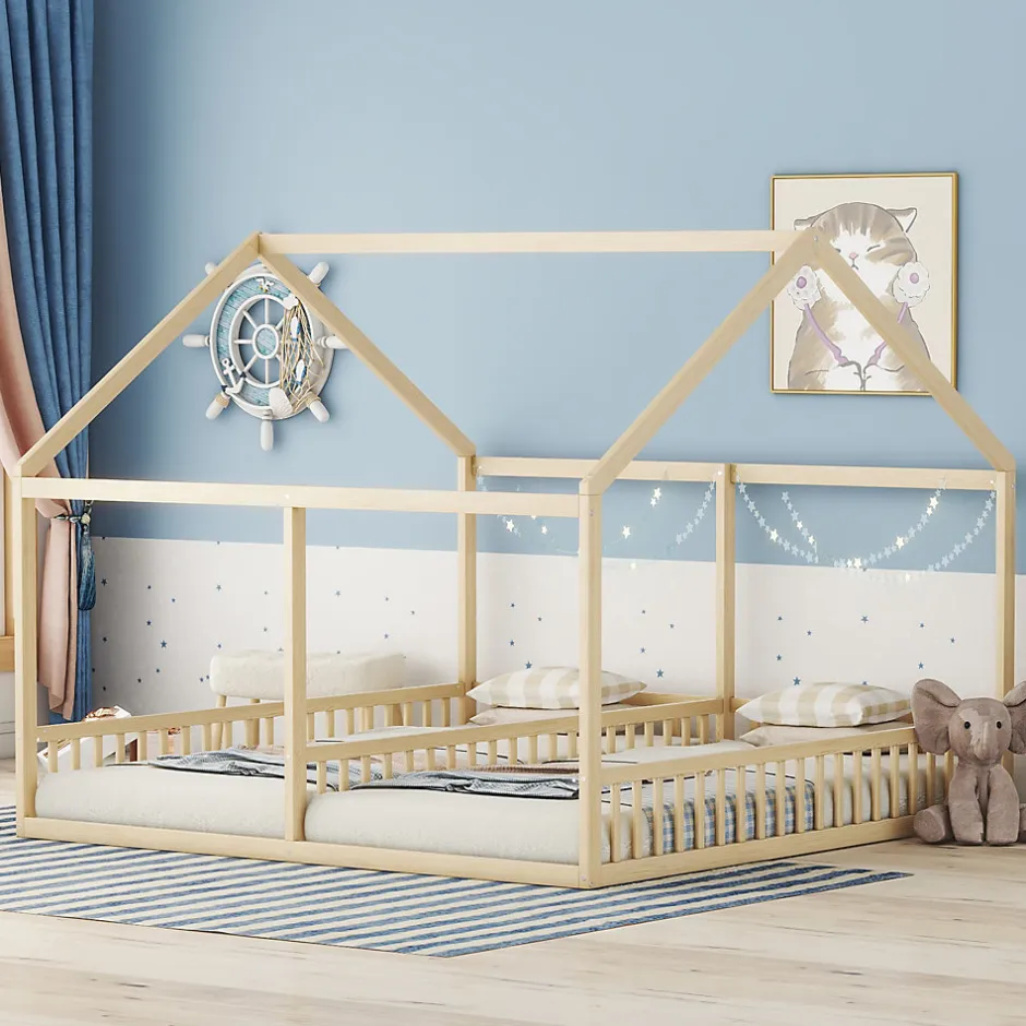 Enfant Redom Lit 90x200 cm 2-en-1 modèle maison en pin et MDF couleur naturelle avec barrières de sécurité et toit décoratif