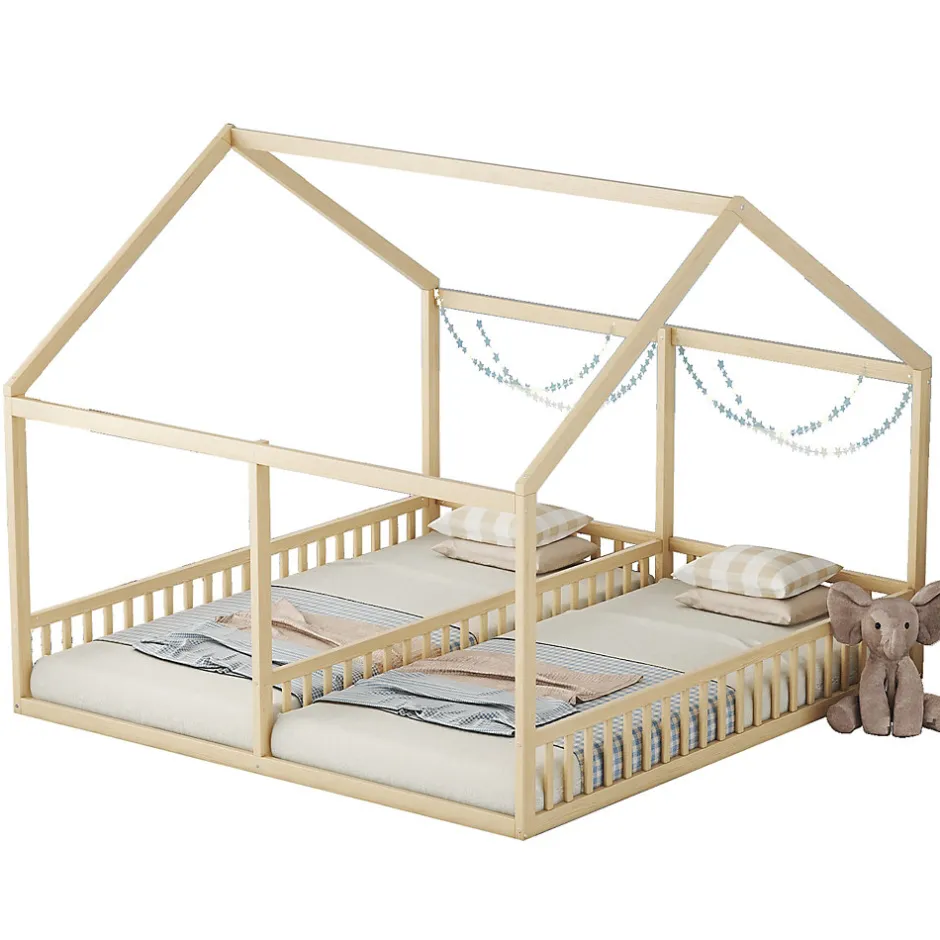 Enfant Redom Lit 90x200 cm 2-en-1 modèle maison en pin et MDF couleur naturelle avec barrières de sécurité et toit décoratif