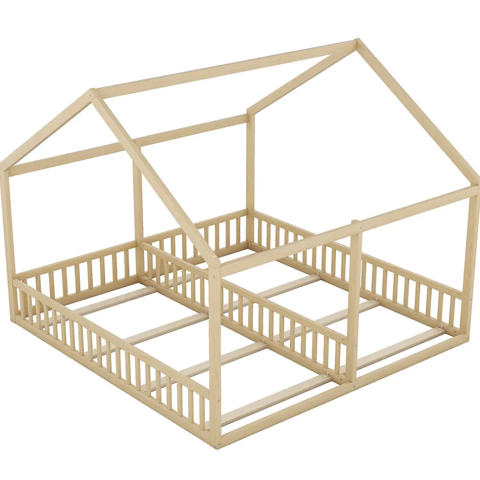 Enfant Redom Lit 90x200 cm 2-en-1 modèle maison en pin et MDF couleur naturelle avec barrières de sécurité et toit décoratif
