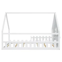 Enfant Redom Lit 140x200 cm en pin et MDF en forme de maison avec barrières, finition blanche, design enfantin moderne