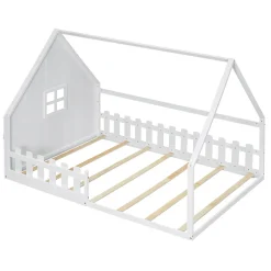 Enfant Redom Lit 140x200 cm en pin et MDF en forme de maison avec barrières, finition blanche, design enfantin moderne