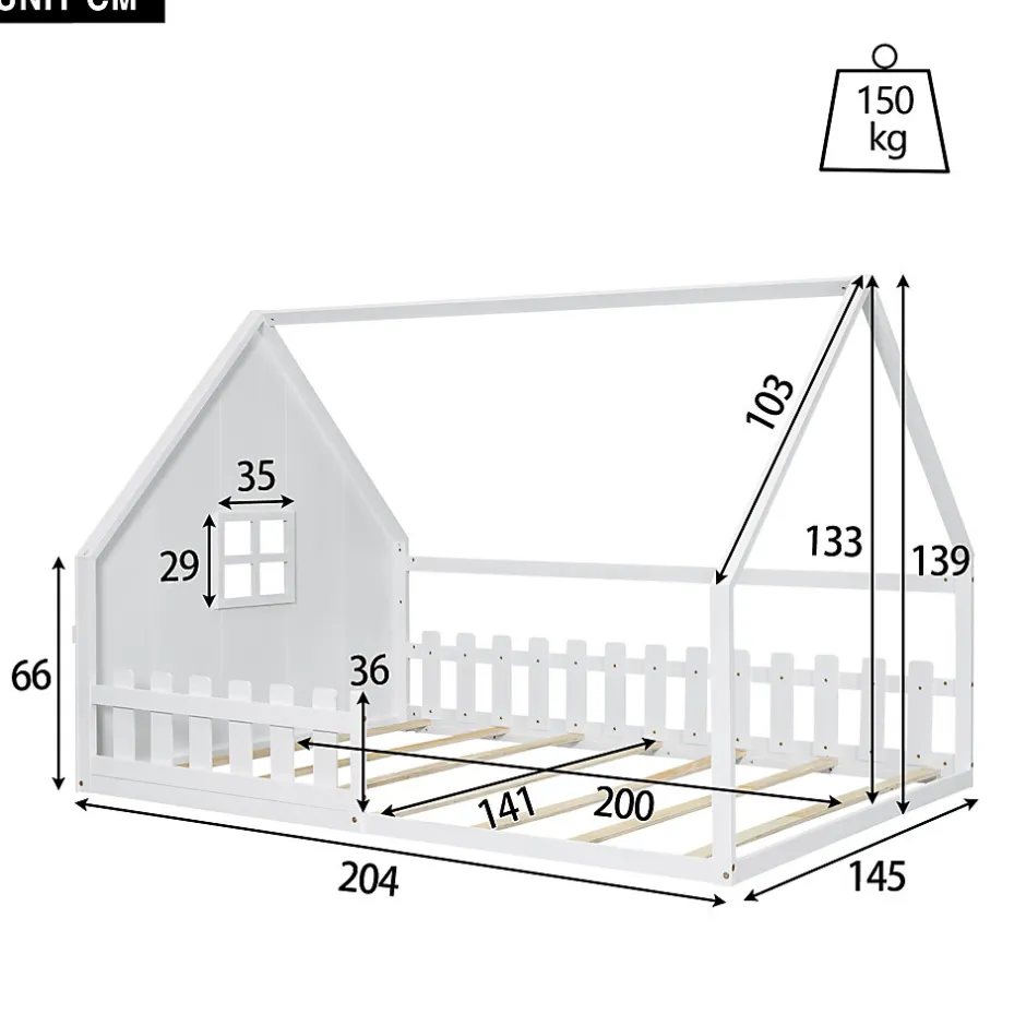 Enfant Redom Lit 140x200 cm en pin et MDF en forme de maison avec barrières, finition blanche, design enfantin moderne