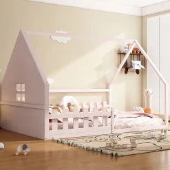 Redom Lit 140x200 cm en pin et MDF forme maisonnette avec garde-corps intégré, coloris rose, design enfant sécurisé Clearance