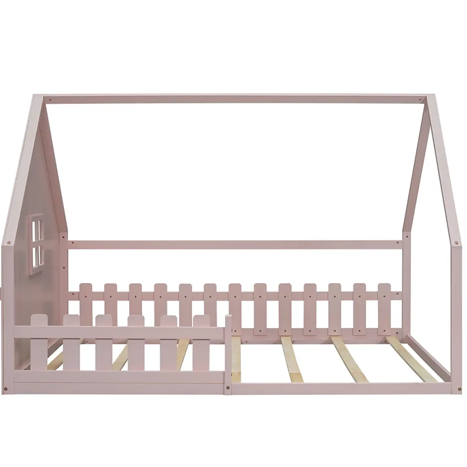 Redom Lit 140x200 cm en pin et MDF forme maisonnette avec garde-corps intégré, coloris rose, design enfant sécurisé Clearance