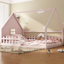 Redom Lit 140x200 cm en pin et MDF forme maisonnette avec garde-corps intégré, coloris rose, design enfant sécurisé Clearance