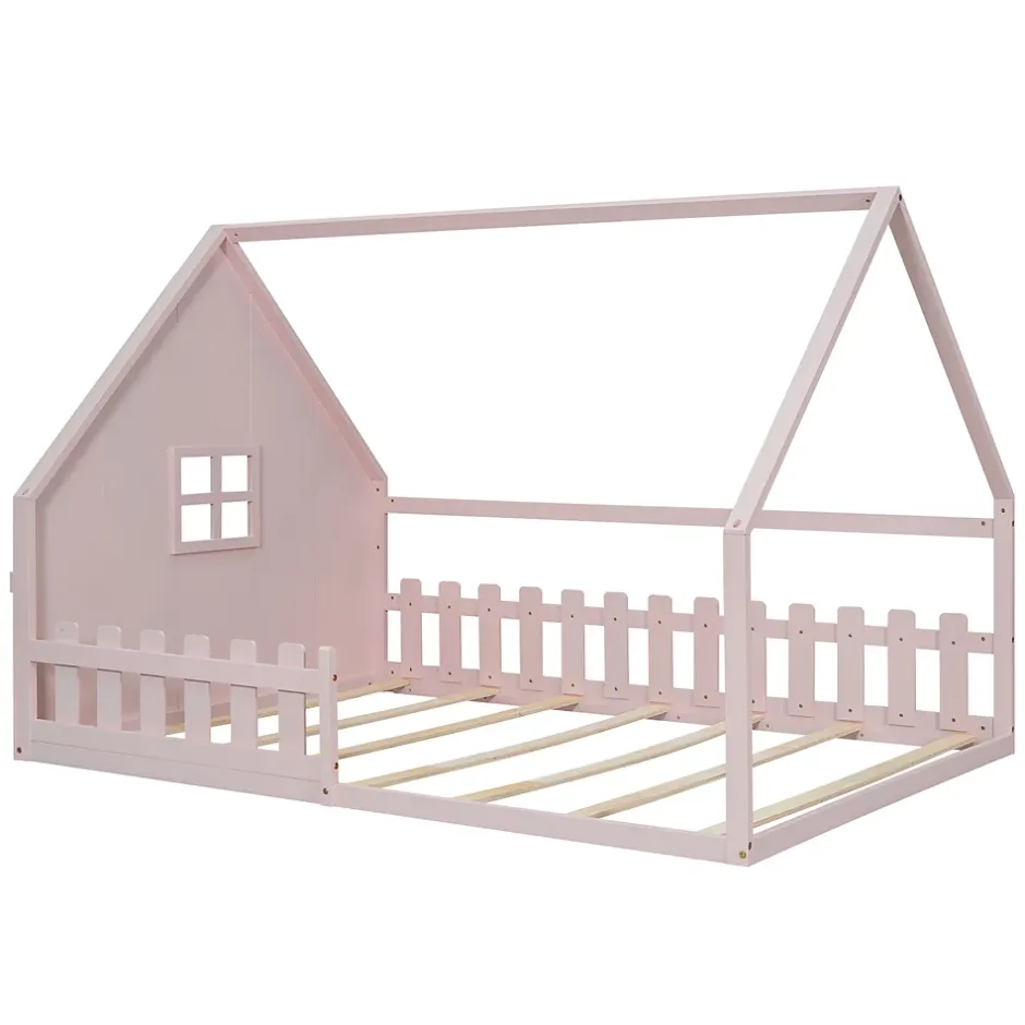 Redom Lit 140x200 cm en pin et MDF forme maisonnette avec garde-corps intégré, coloris rose, design enfant sécurisé Clearance