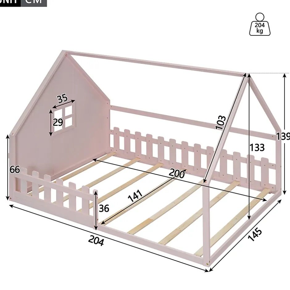 Redom Lit 140x200 cm en pin et MDF forme maisonnette avec garde-corps intégré, coloris rose, design enfant sécurisé Clearance