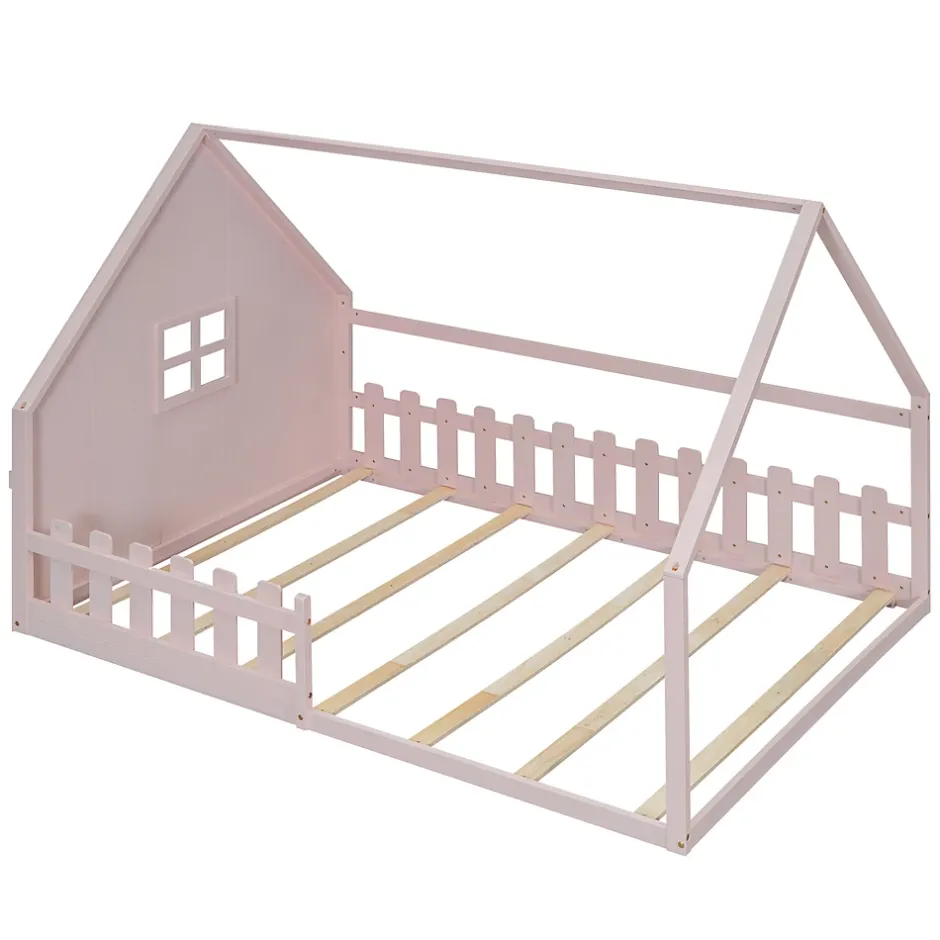 Redom Lit 140x200 cm en pin et MDF forme maisonnette avec garde-corps intégré, coloris rose, design enfant sécurisé Clearance
