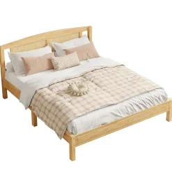 Redom Lit 160x200 cm en pin et rotin PE avec tête de lit décorative, design naturel, 15 lattes et pieds centraux