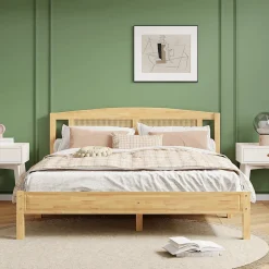 Redom Lit 160x200 cm en pin et rotin PE avec tête de lit décorative, design naturel, 15 lattes et pieds centraux