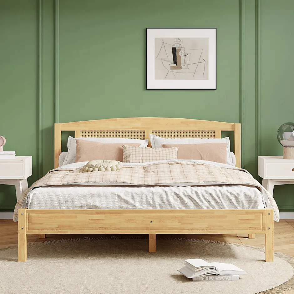 Redom Lit 160x200 cm en pin et rotin PE avec tête de lit décorative, design naturel, 15 lattes et pieds centraux