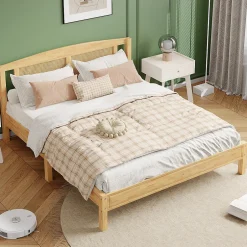Redom Lit 160x200 cm en pin et rotin PE avec tête de lit décorative, design naturel, 15 lattes et pieds centraux