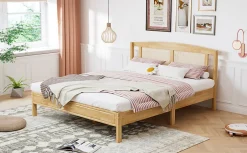 Redom Lit 160x200 cm en pin et rotin PE avec tête de lit décorative, design naturel, 15 lattes et pieds centraux