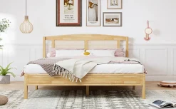 Redom Lit 160x200 cm en pin et rotin PE avec tête de lit décorative, design naturel, 15 lattes et pieds centraux