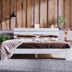 Redom Lit 140x200 cm en pin massif blanc avec rangement sous-lit, design rustique et fonctionnel Sale