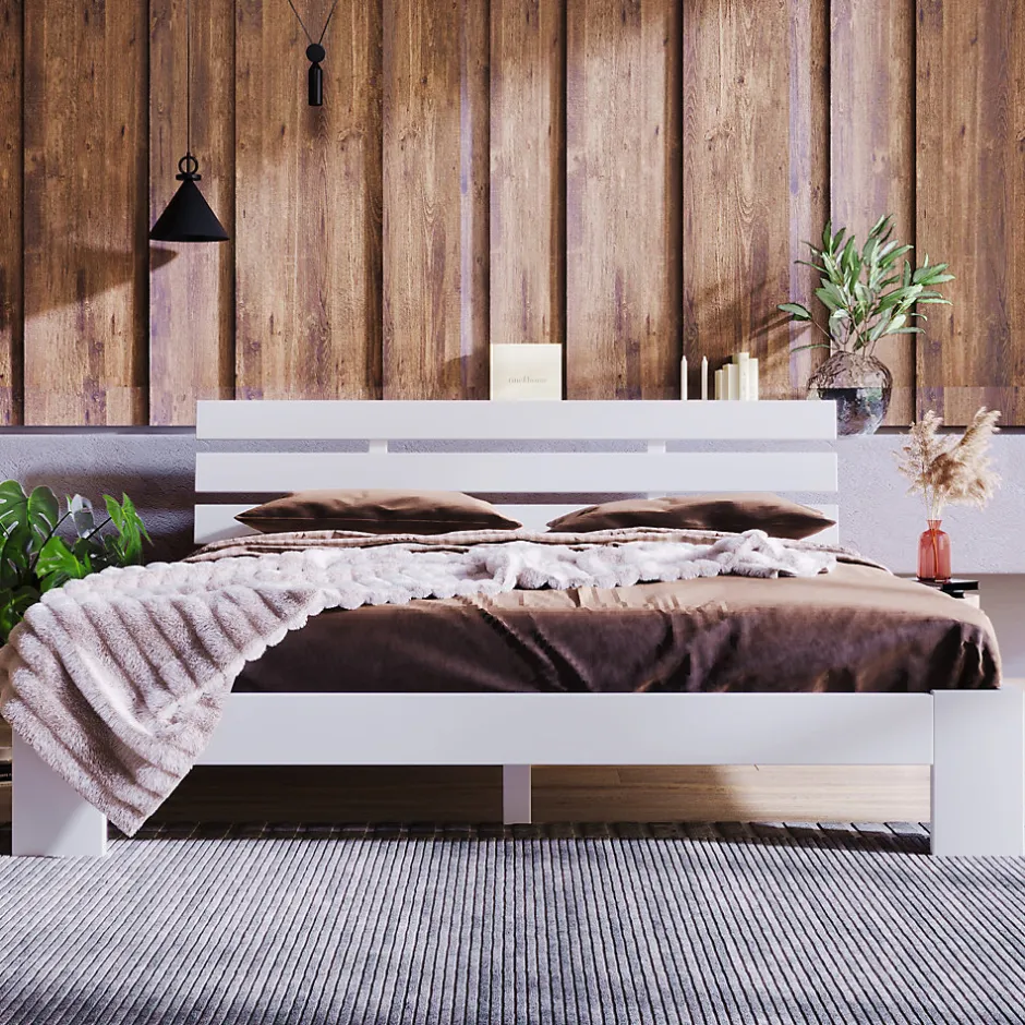 Redom Lit 140x200 cm en pin massif blanc avec rangement sous-lit, design rustique et fonctionnel Sale