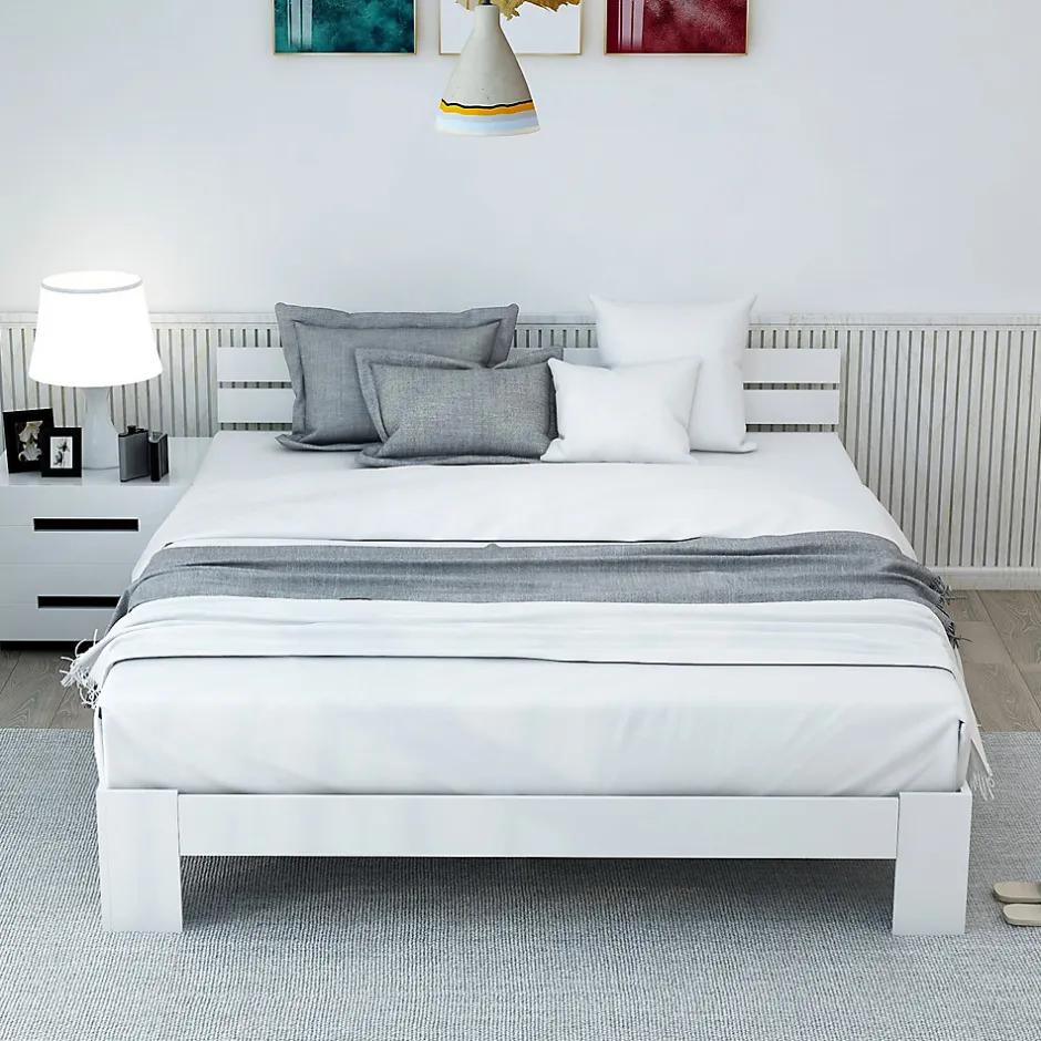 Redom Lit 140x200 cm en pin massif blanc avec rangement sous-lit, design rustique et fonctionnel Sale