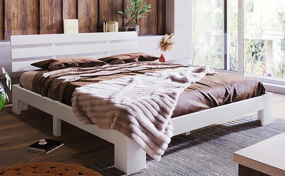 Redom Lit 140x200 cm en pin massif blanc avec rangement sous-lit, design rustique et fonctionnel Sale