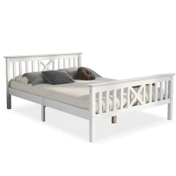 Redom Lit 140x200 cm en pin massif blanc avec 4 tiroirs de rangement et tête de lit en X, design fonctionnel