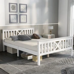 Redom Lit 140x200 cm en pin massif blanc avec 4 tiroirs de rangement et tête de lit en X, design fonctionnel