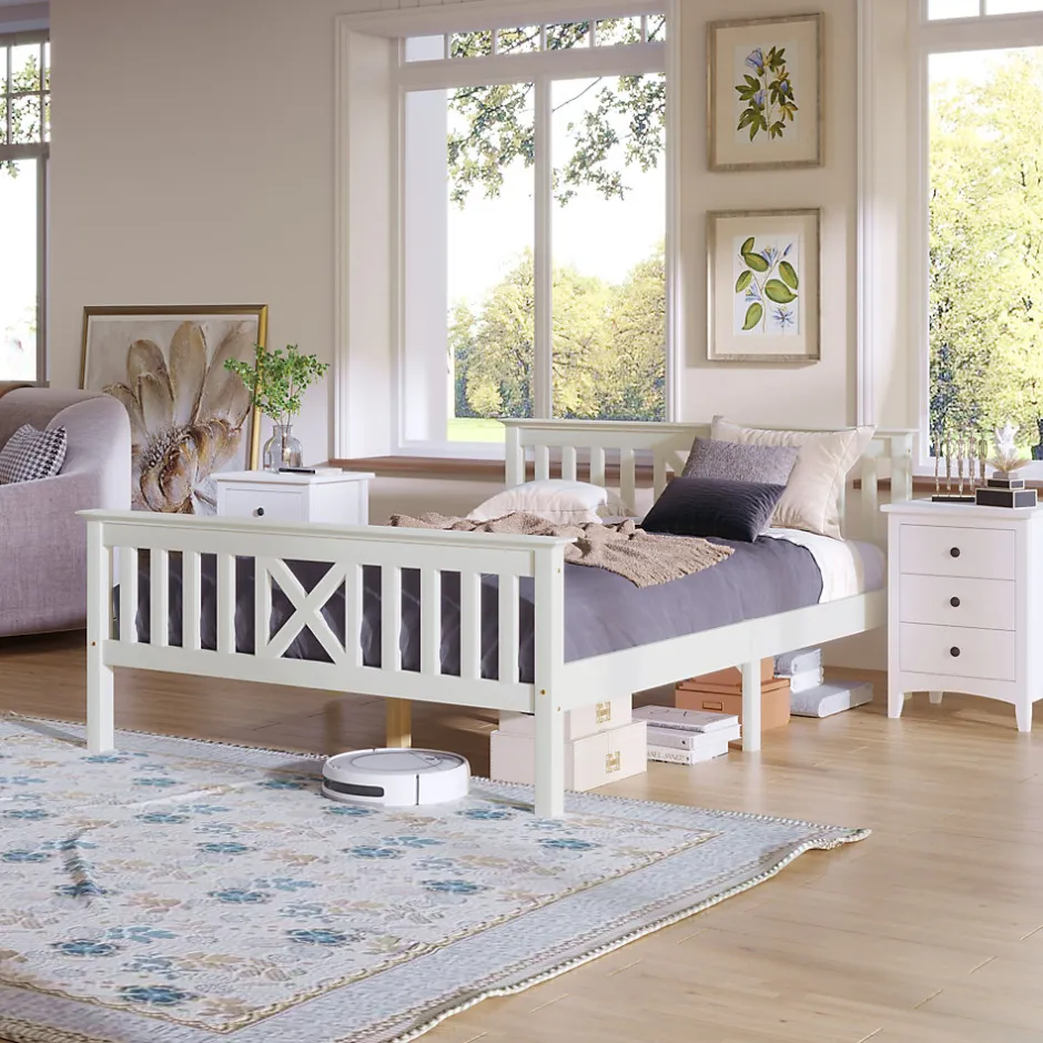 Redom Lit 140x200 cm en pin massif blanc avec 4 tiroirs de rangement et tête de lit en X, design fonctionnel