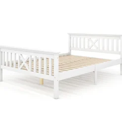 Redom Lit 140x200 cm en pin massif blanc avec 4 tiroirs de rangement et tête de lit en X, design fonctionnel