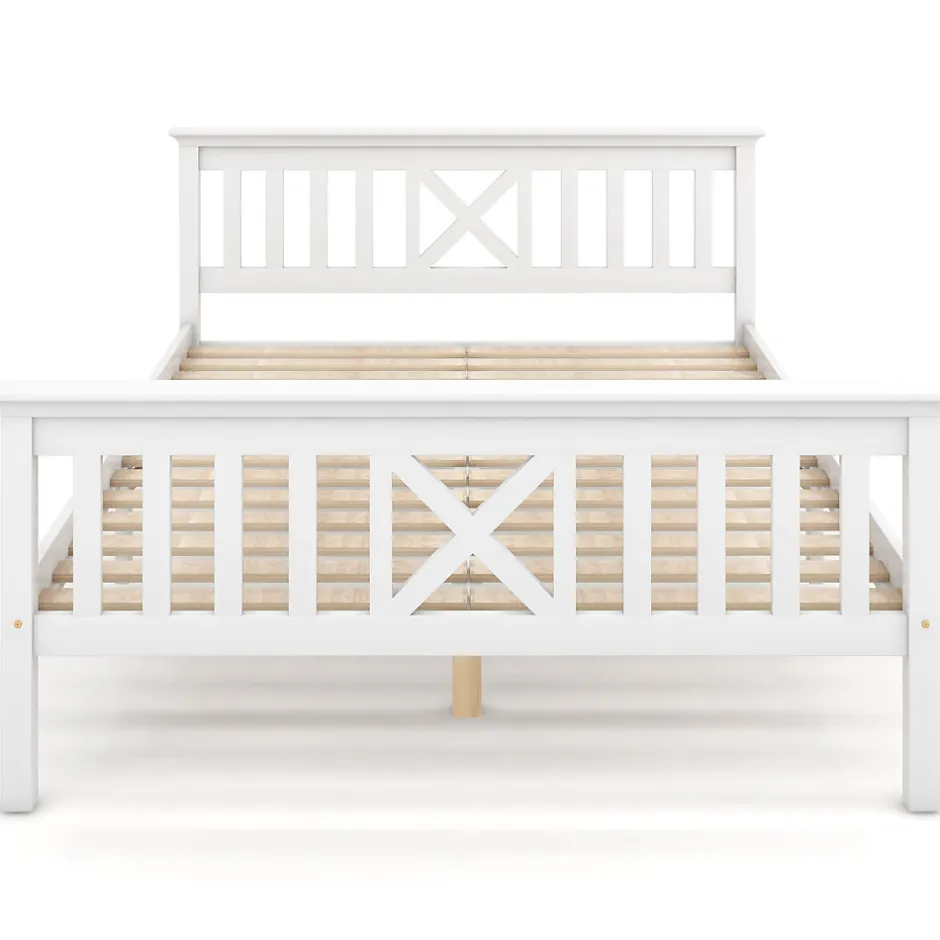 Redom Lit 140x200 cm en pin massif blanc avec 4 tiroirs de rangement et tête de lit en X, design fonctionnel