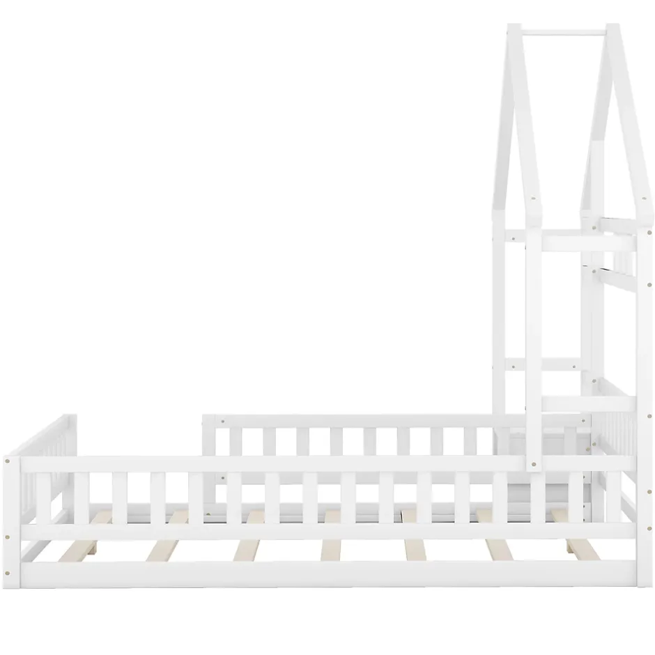 Redom Lit 140x200 cm en pin massif blanc avec tête de lit en forme de maison et table de chevet intégrée Clearance