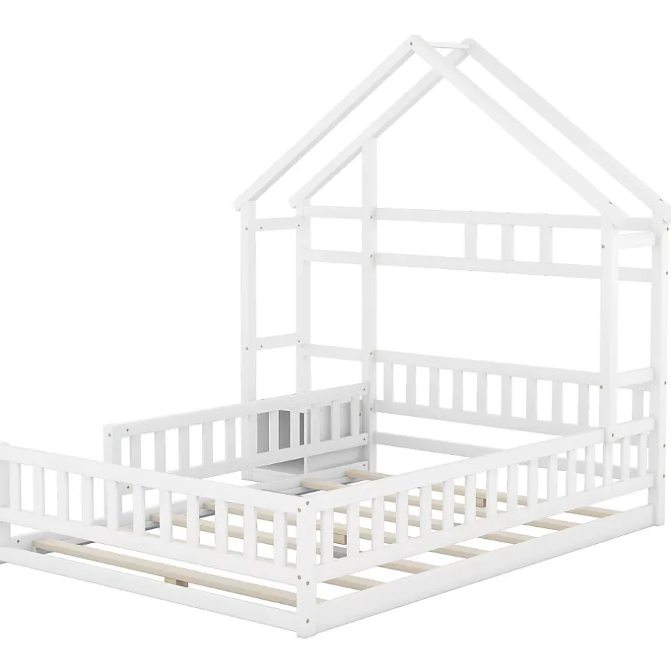 Redom Lit 140x200 cm en pin massif blanc avec tête de lit en forme de maison et table de chevet intégrée Clearance