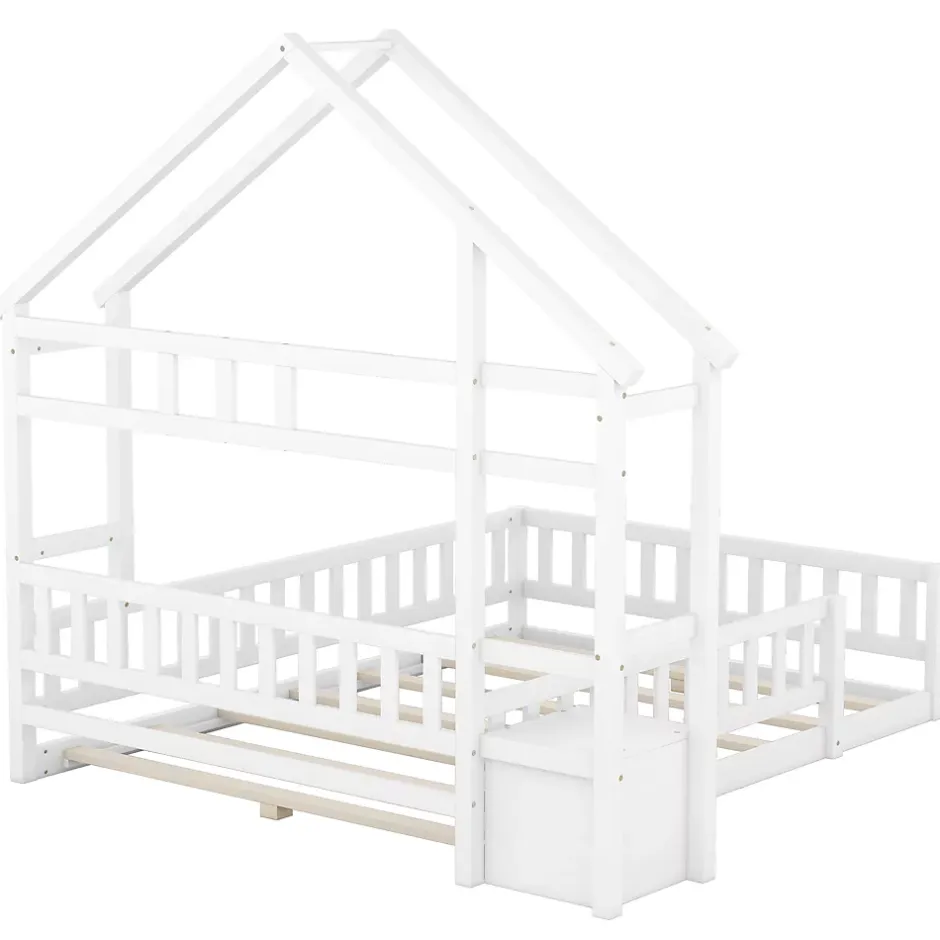 Redom Lit 140x200 cm en pin massif blanc avec tête de lit en forme de maison et table de chevet intégrée Clearance