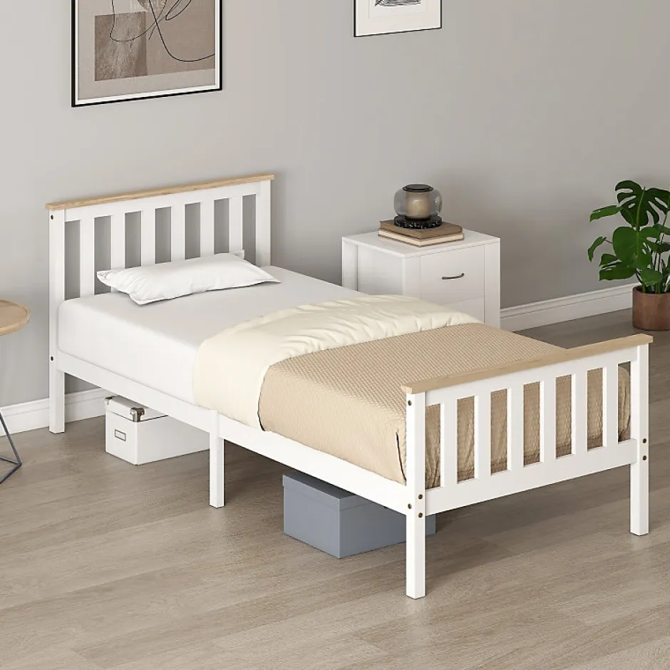 Redom Lit 90x200 cm en pin massif blanc avec rangement sous le sommier, design naturel et silencieux
