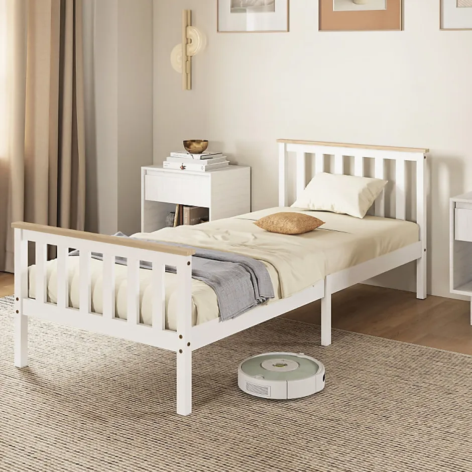 Redom Lit 90x200 cm en pin massif blanc avec rangement sous le sommier, design naturel et silencieux