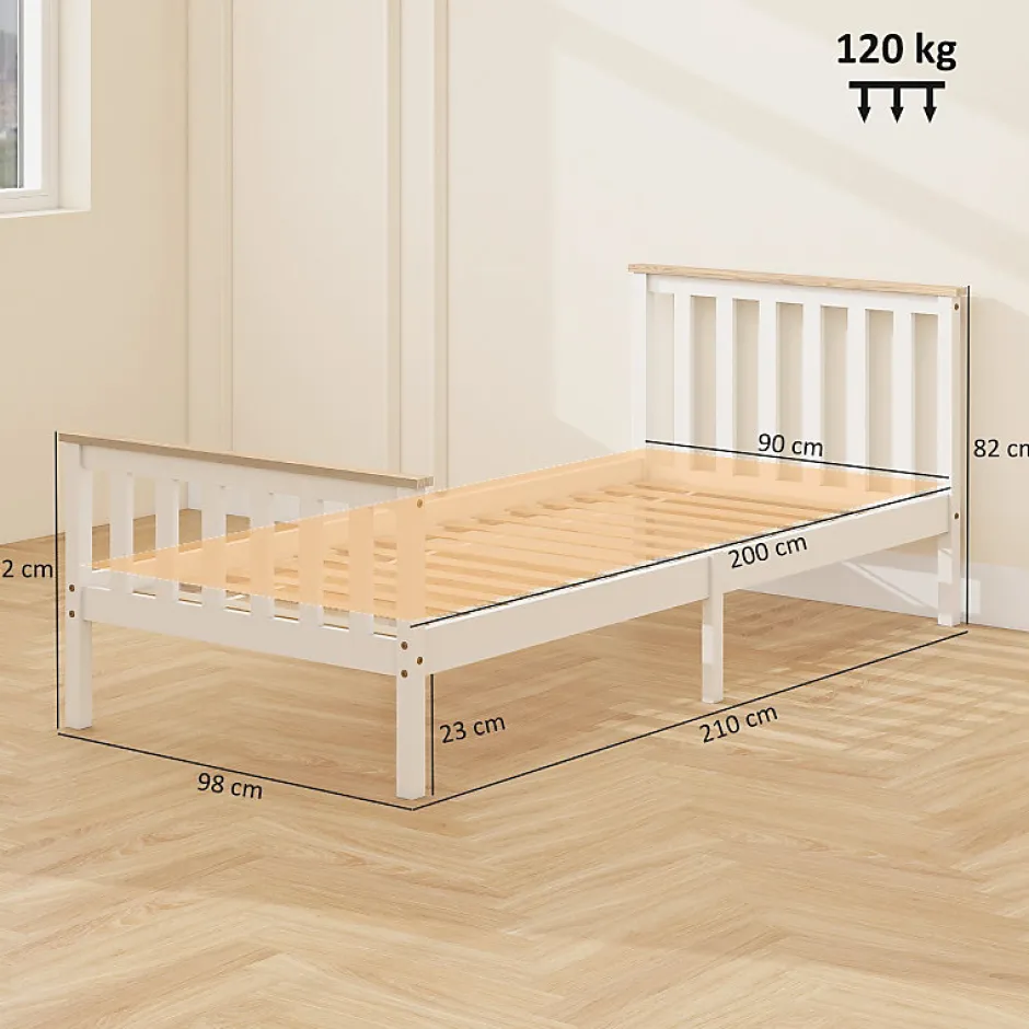 Redom Lit 90x200 cm en pin massif blanc avec rangement sous le sommier, design naturel et silencieux