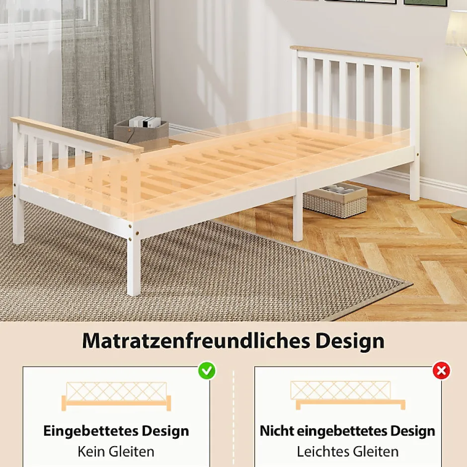 Redom Lit 90x200 cm en pin massif blanc avec rangement sous le sommier, design naturel et silencieux
