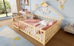 Redom Lit 140x190 cm en pin naturel avec balustrade 32 cm et serrure, style maisonnette pour enfant Hot