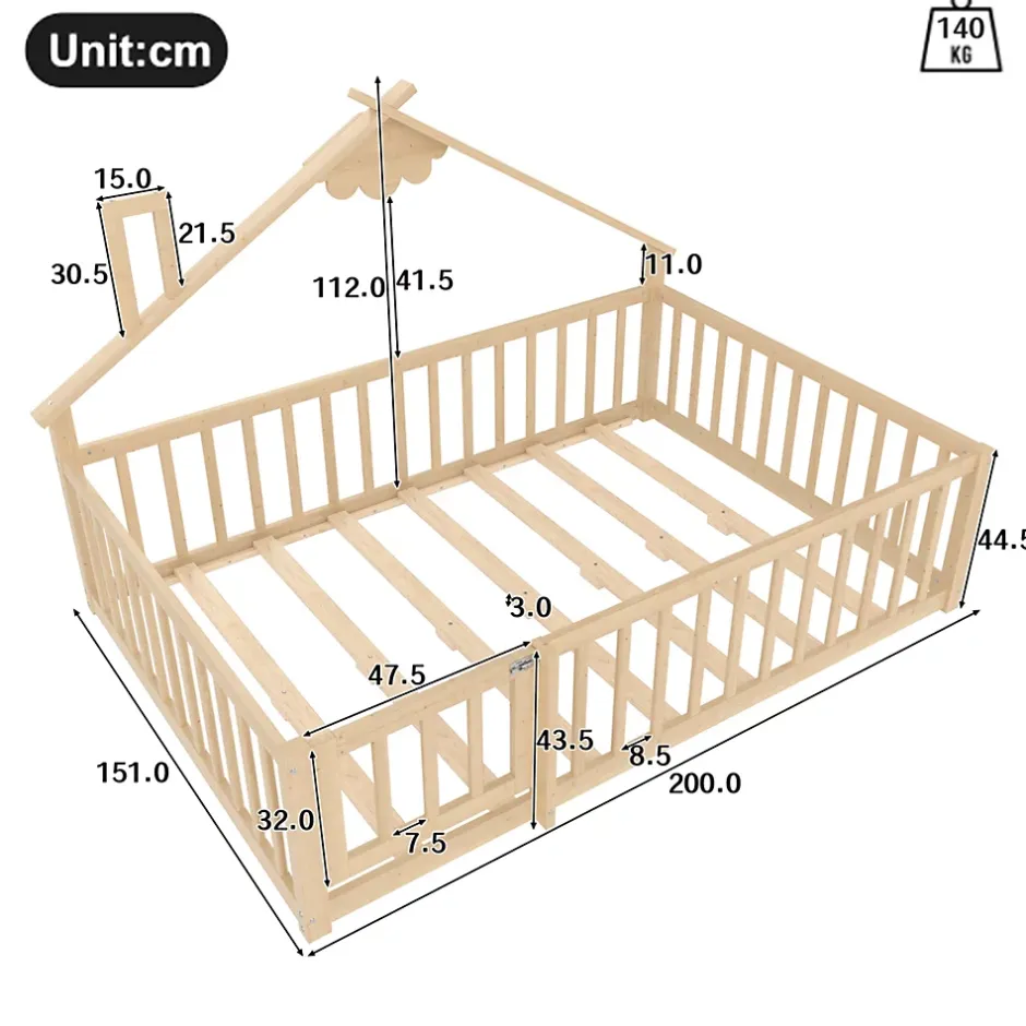 Redom Lit 140x190 cm en pin naturel avec balustrade 32 cm et serrure, style maisonnette pour enfant Hot