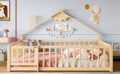 Redom Lit 140x190 cm en pin naturel avec balustrade 32 cm et serrure, style maisonnette pour enfant Hot