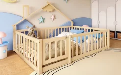 Redom Lit 140x190 cm en pin naturel avec balustrade 32 cm et serrure, style maisonnette pour enfant Hot